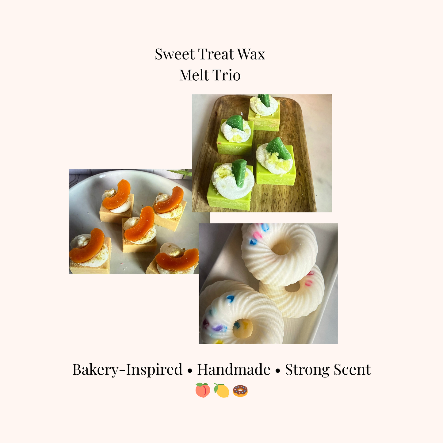 Sweet Treat Wax Melt Trio with bakery-inspired design on a white background