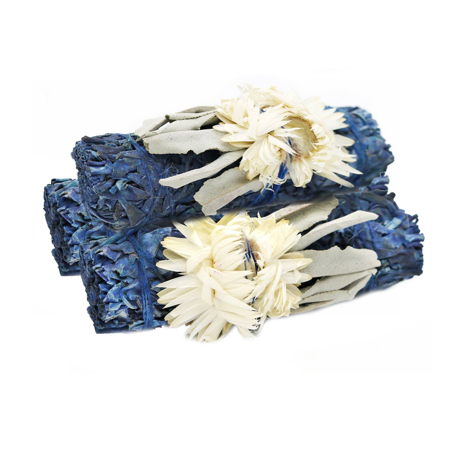 A bundle of blue colored white sage smudge sticks with attached flowers.