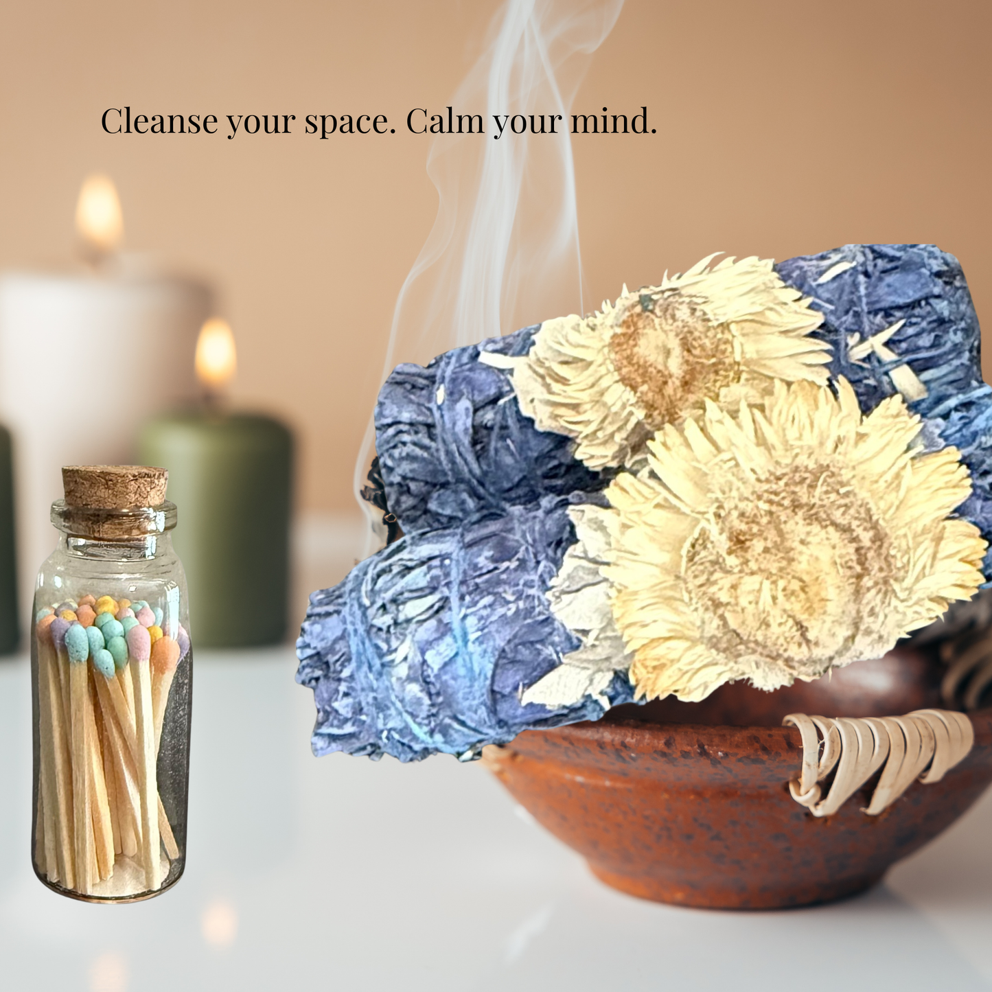 Decorative setup with flowers, matches, and candles on a table.