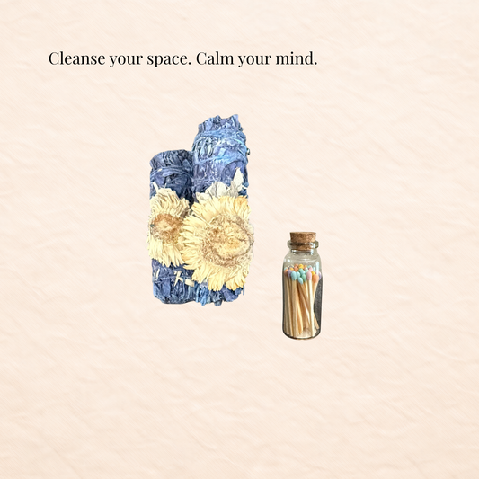 Decorative items with flowers and a jar on a beige background, accompanied by text 'Cleanse your space. Calm your mind.'