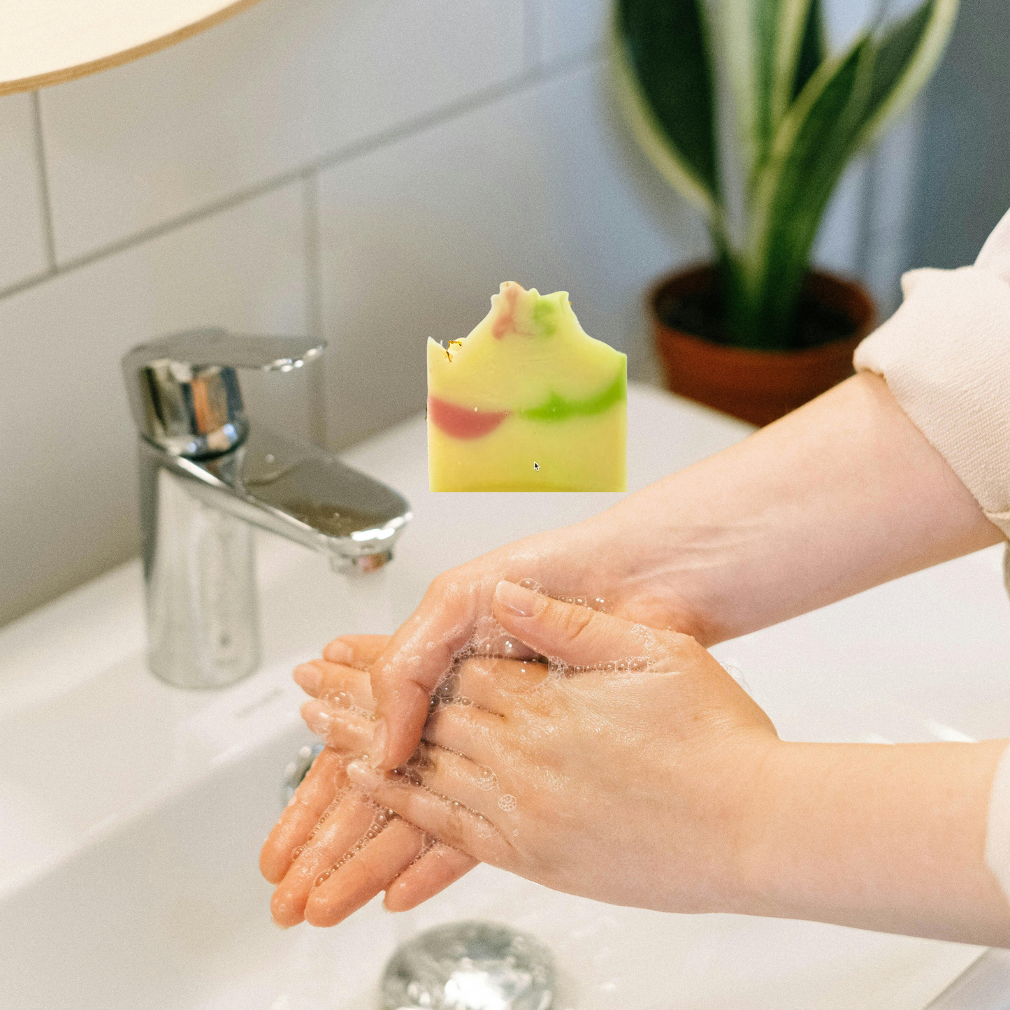 Person washing hands with soap under a faucet, with a plant in the background.