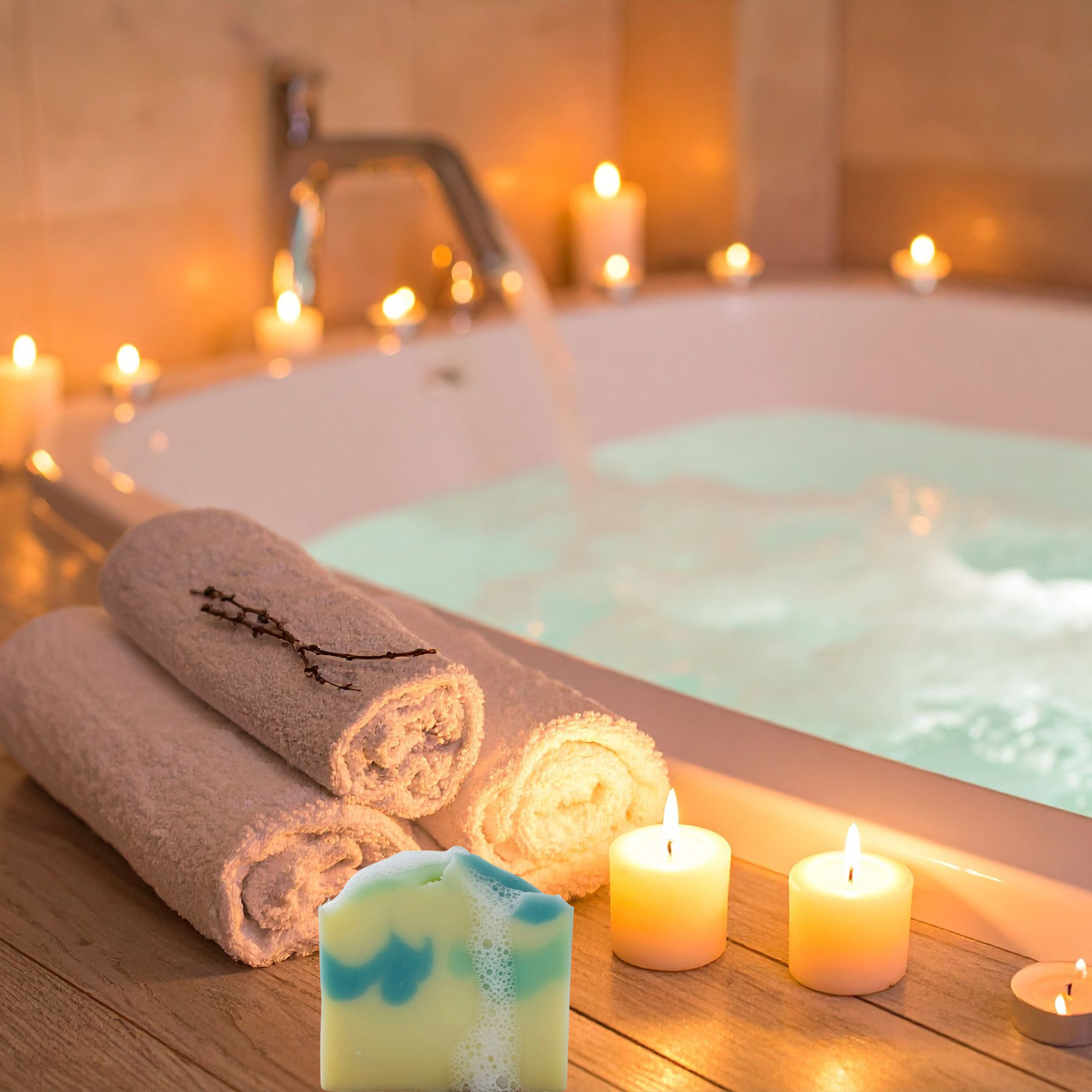 Relaxing bath scene with candles, towels, and a soap bar in a warm setting.