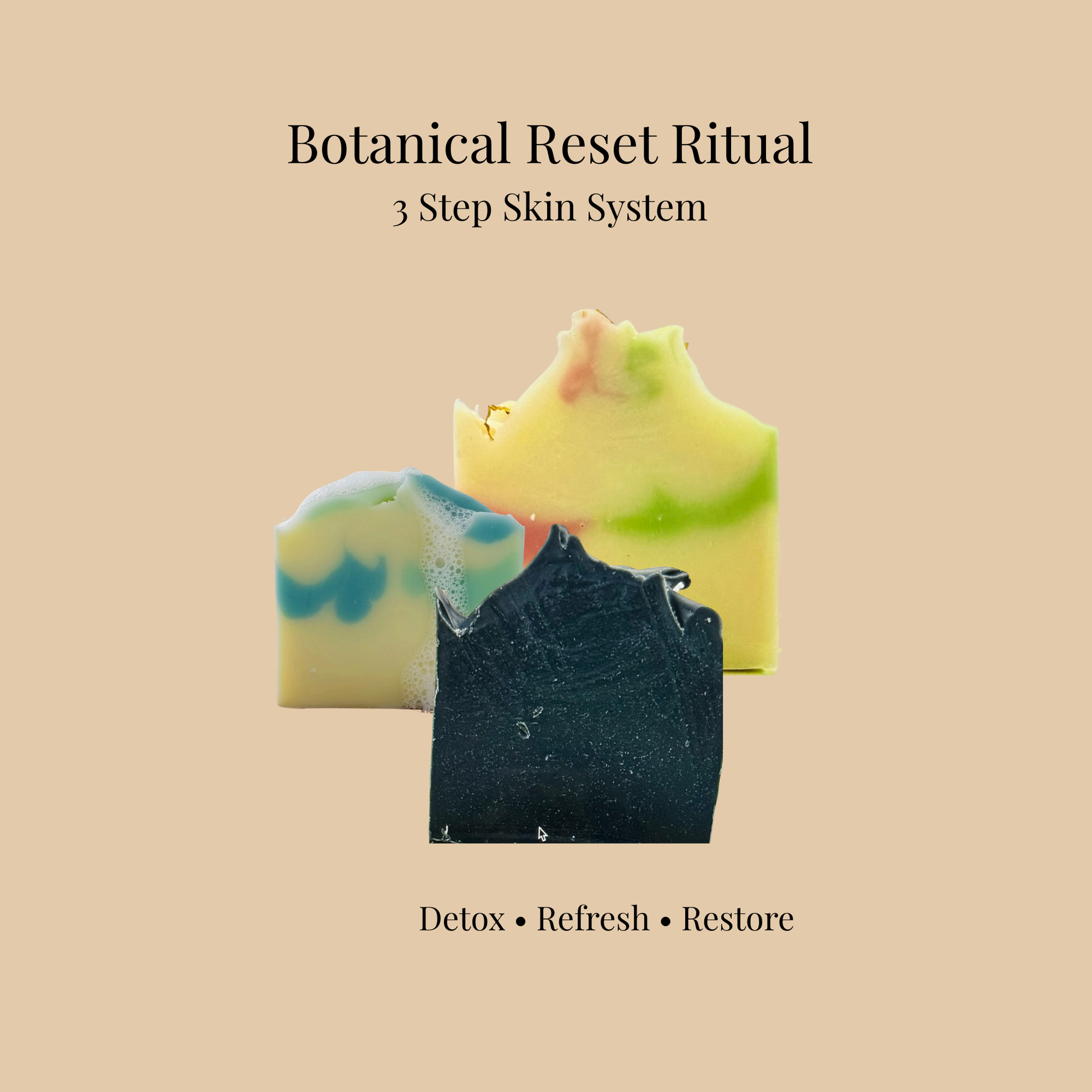 Three bars of soap with different colors on a beige background, labeled 'Botanical Reset Ritual' and '3 Step Skin System'.