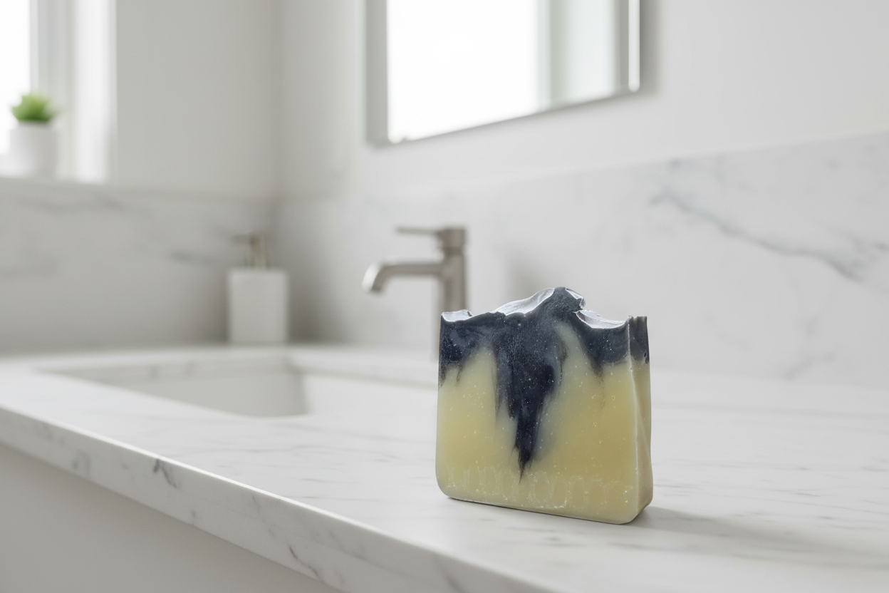 Bar of soap with black and white coloration on a white background