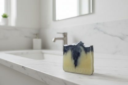 Bar of soap with black and white coloration on a white background
