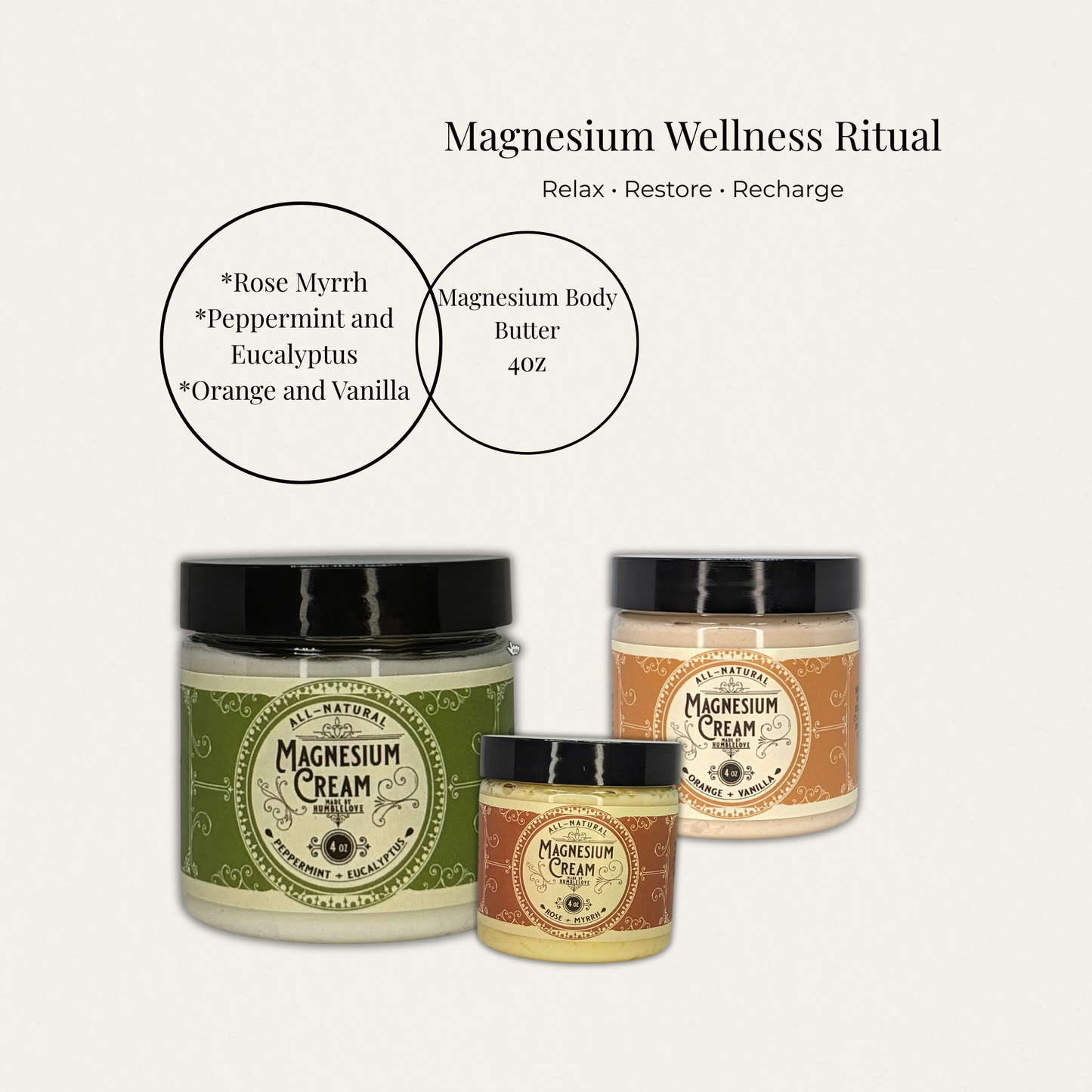 Magnesium Body Butter Set – Rose & Myrrh, Peppermint Eucalyptus & Orange Vanilla