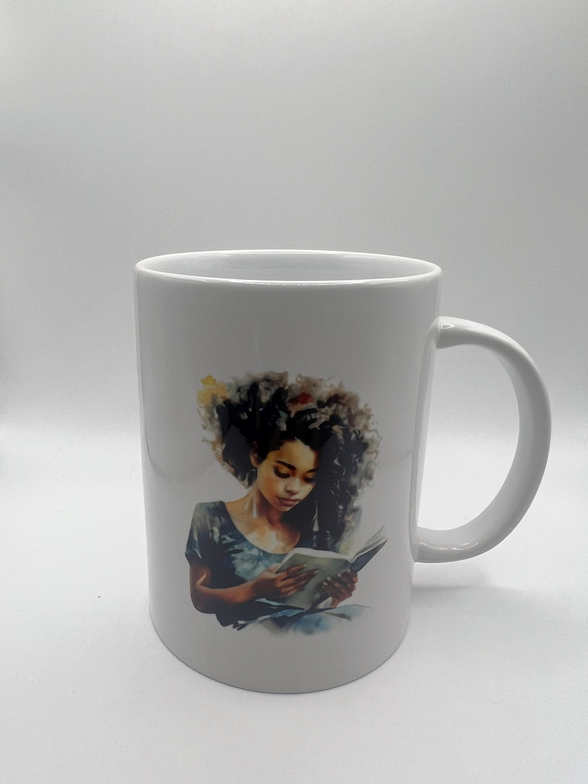 White mug with a colorful design of a woman on a white background