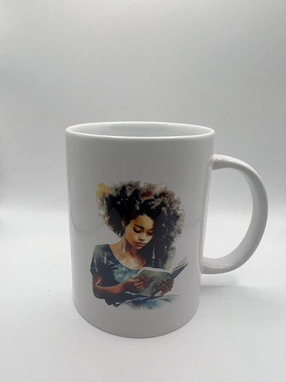 White mug with a colorful design of a woman on a white background