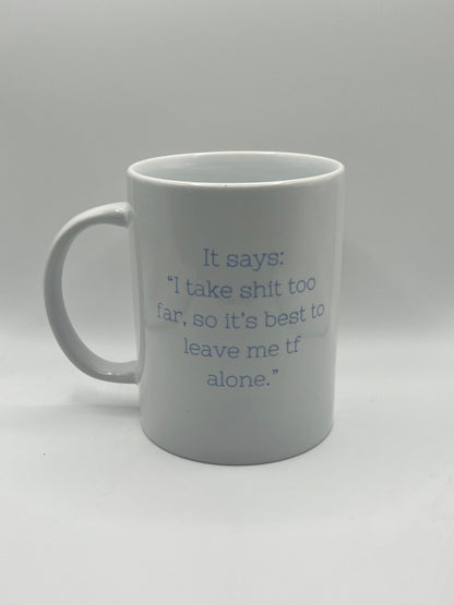 White mug with text on a white background