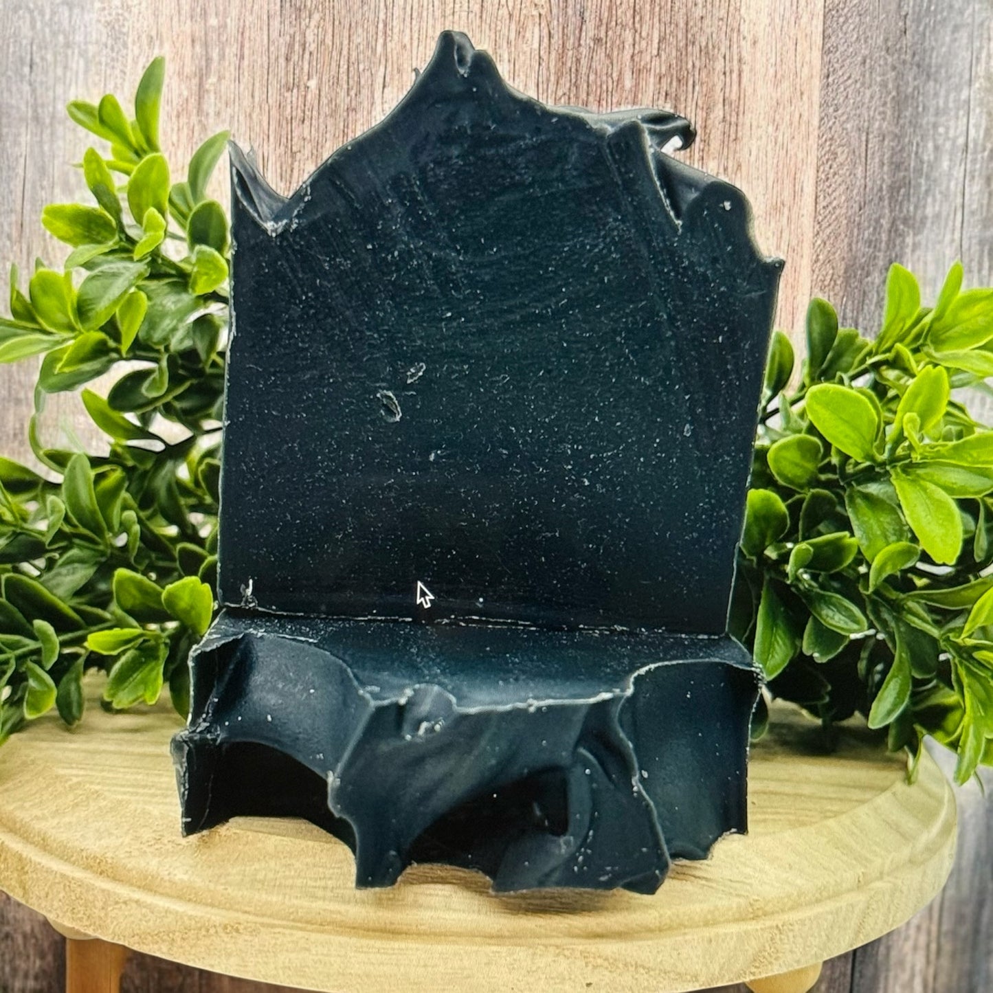 Charcoal soap bar with a textured surface on a wooden stand, surrounded by green plants.