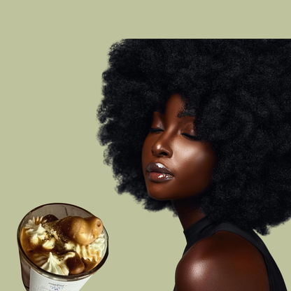 Woman with large afro hair styled in a side part, with a close-up of a coffee drink in the corner on a light green background.