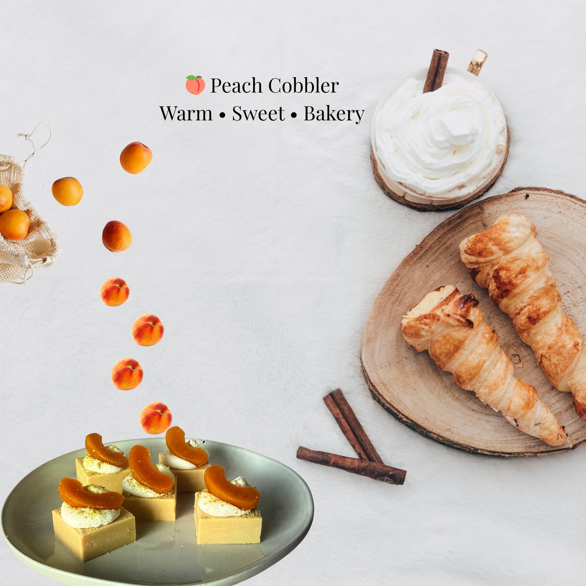 Peach cobbler with whipped cream, pastries, and peaches on a white background.
