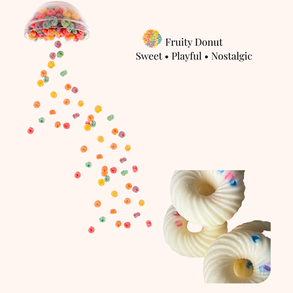 Fruity Donut product with colorful gummy candies and shell-shaped donuts on a white background.
