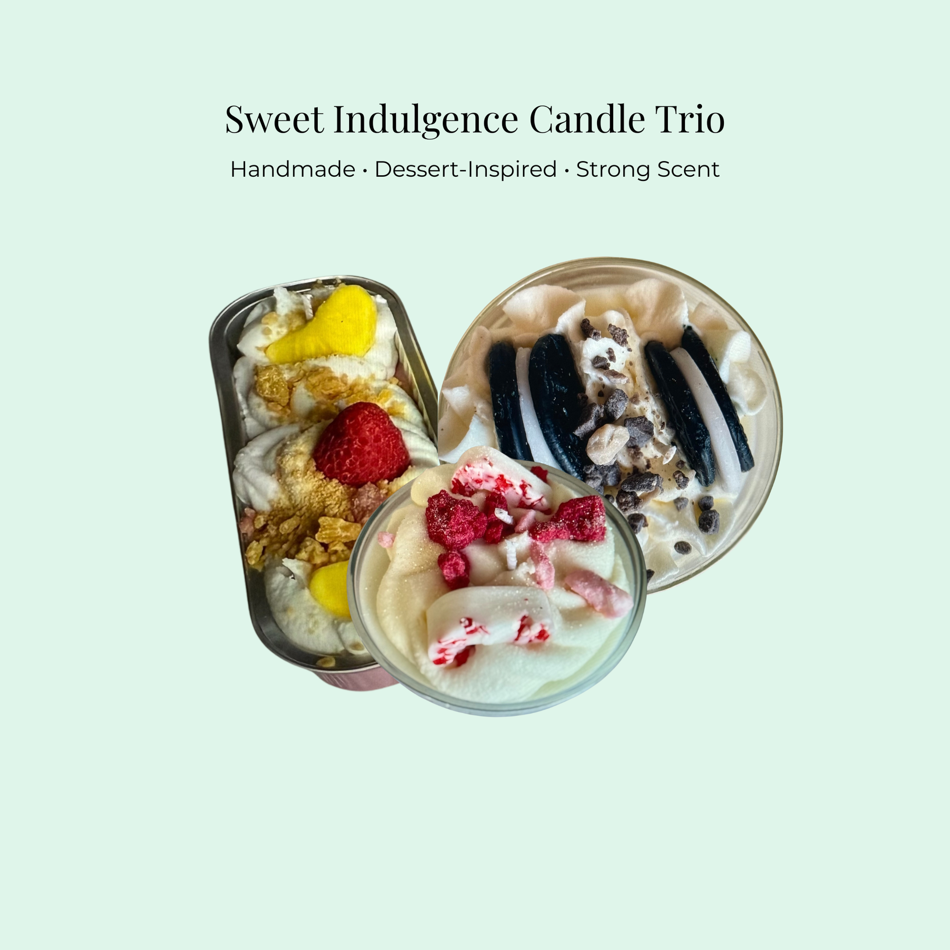 Three dessert-themed candles in a tin with a light green background and text about the candles.