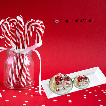 Jar of peppermint candy sticks with two dessert cups on a red background, featuring 'Peppermint Vanilla' text.