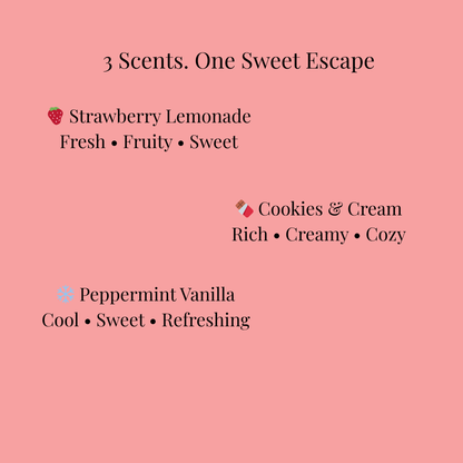 Pink background with scents description and icons on a pink background