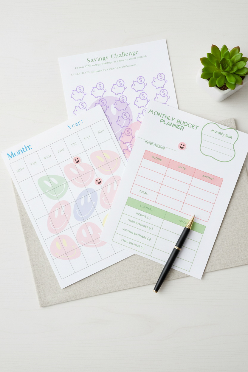 Financial planner pages flat lay